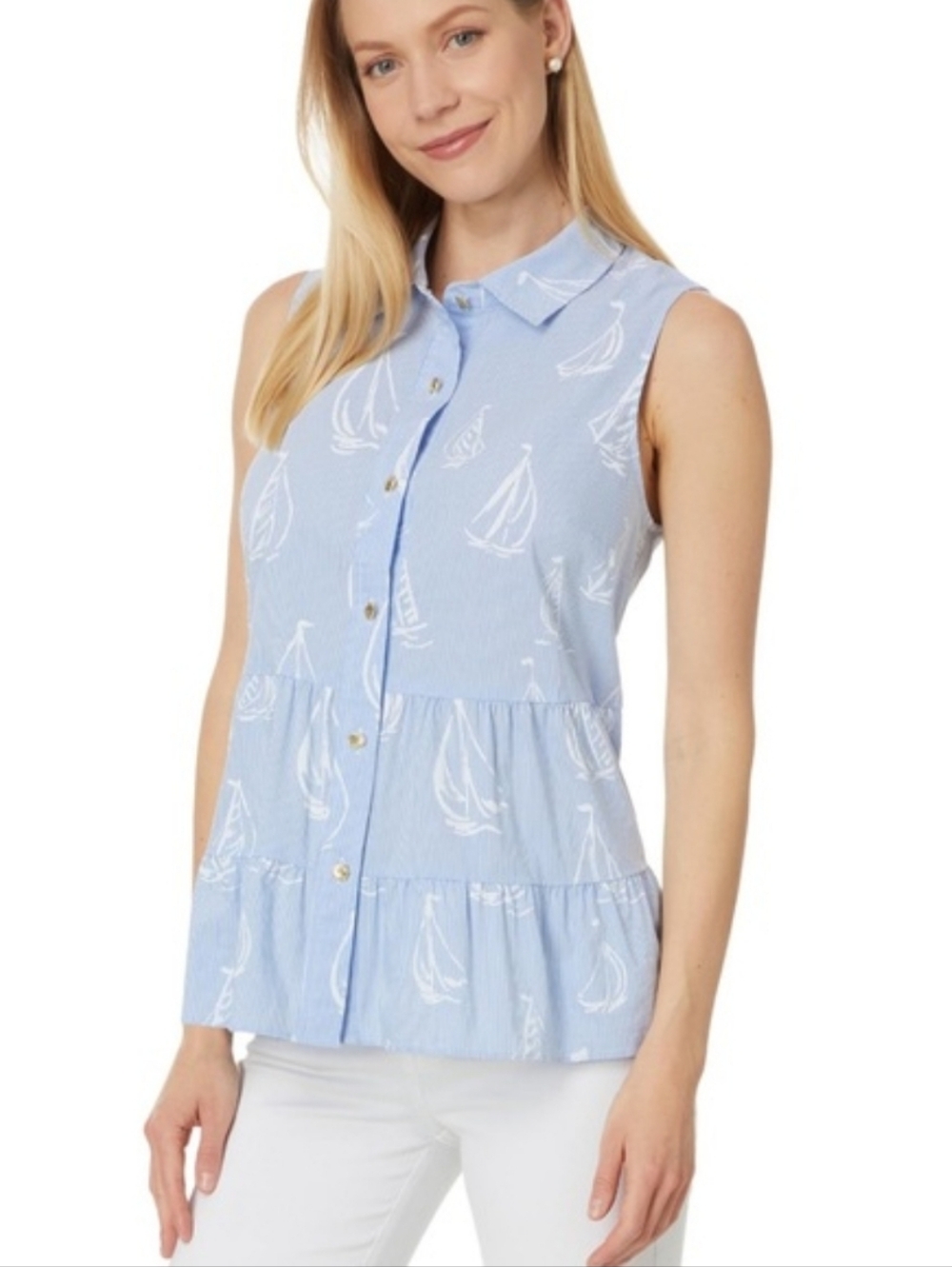 Lilly Pulitzer | Breah Sleeveless Buitto Sailboat Print Button Down Shirt Size 6